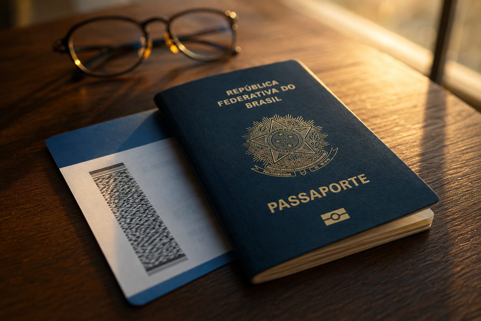 Passaporte brasileiro sobre a mesa com cartão de embarque, à luz do fim de tarde